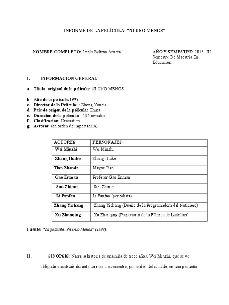 Informe de La Película Ni Uno Menos PDF Sociedad Amor