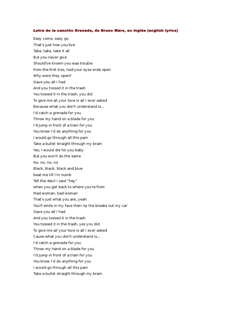 Grenade, de Bruno Mars PDF Leisure Entertainment (General)