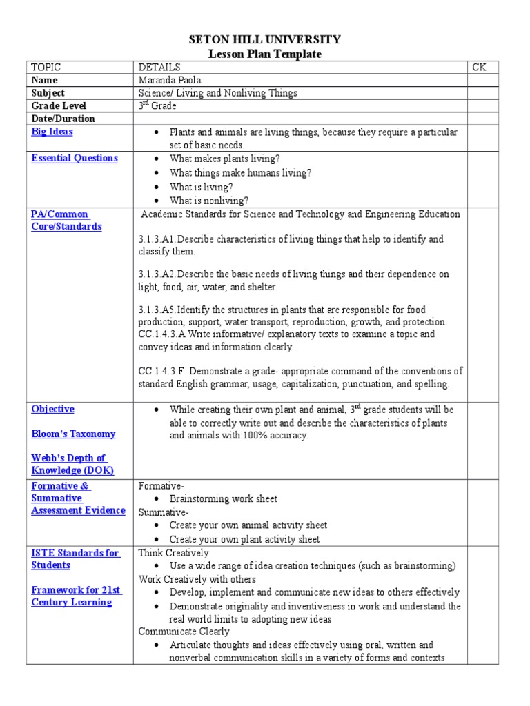 Seton Hill University Lesson Plan Template: Name Subject Grade Level ...
