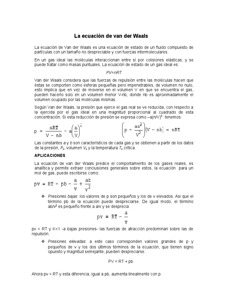 La Ecuación de Van Der Waals | PDF | Gases | Física teórica