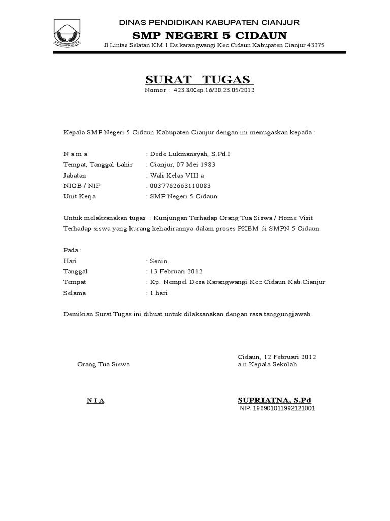 Surat Tugas Untuk Melakukan Kunjungan Home Visit Ke Orang Tua Siswa Pdf