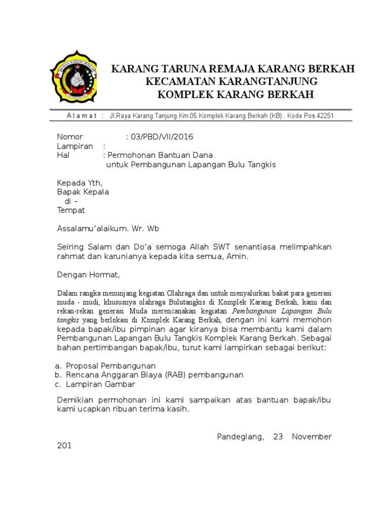 Proposal Bantuan Dana Kegiatan Olahraga Badminton Pigura