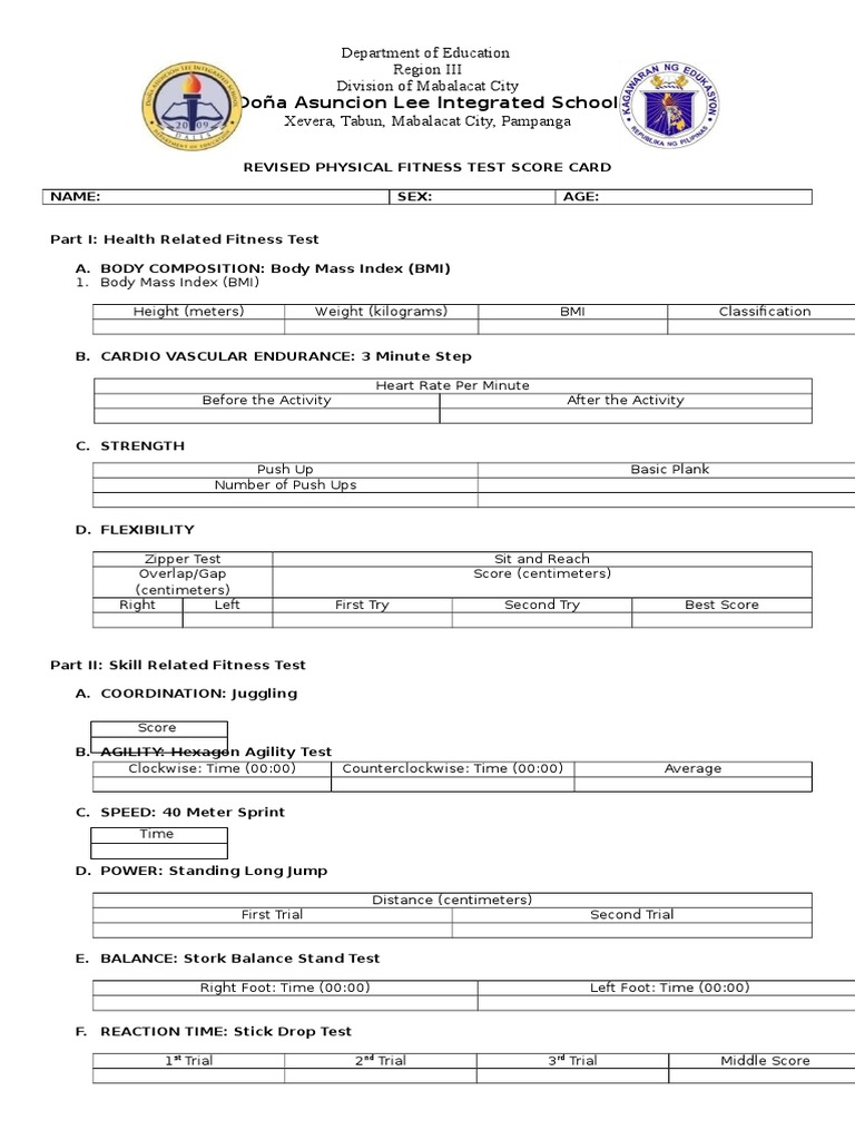 Revised Physical Fitness Test Score Card Pdf