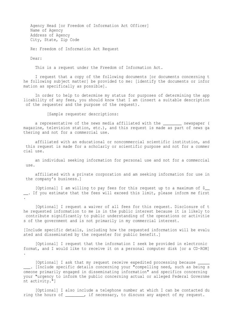 FOIA Request Template and Guidance | PDF | Freedom Of Information Act ...
