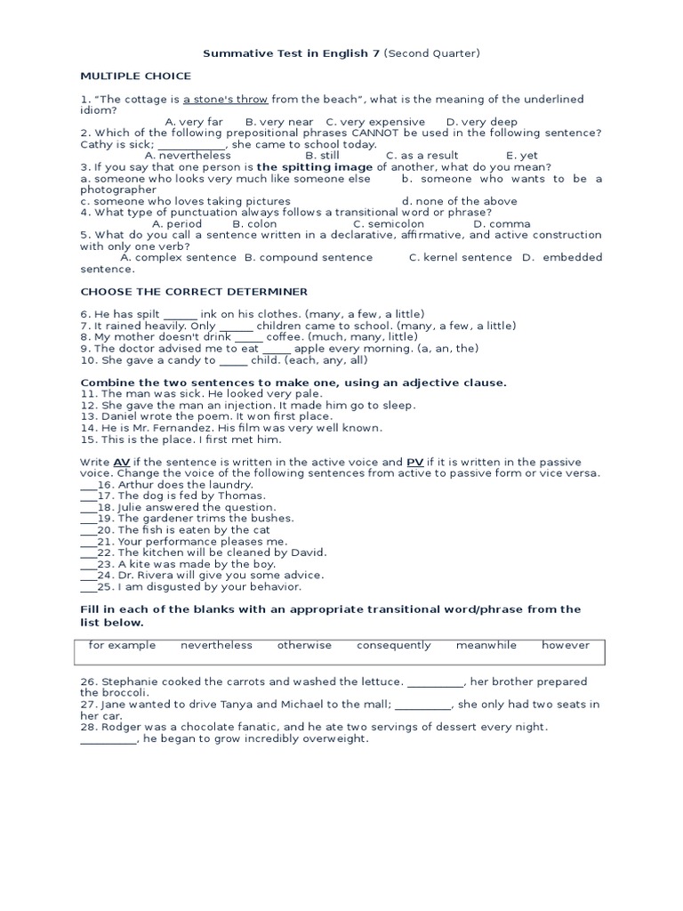 Grade 7 English 2nd Quarter Test | PDF | Sentence (Linguistics) | Syntax