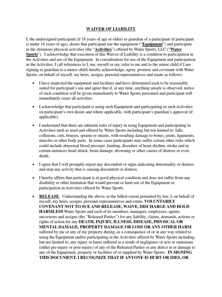 Water Sports Liability Waiver Form | PDF | Indemnity | Negligence