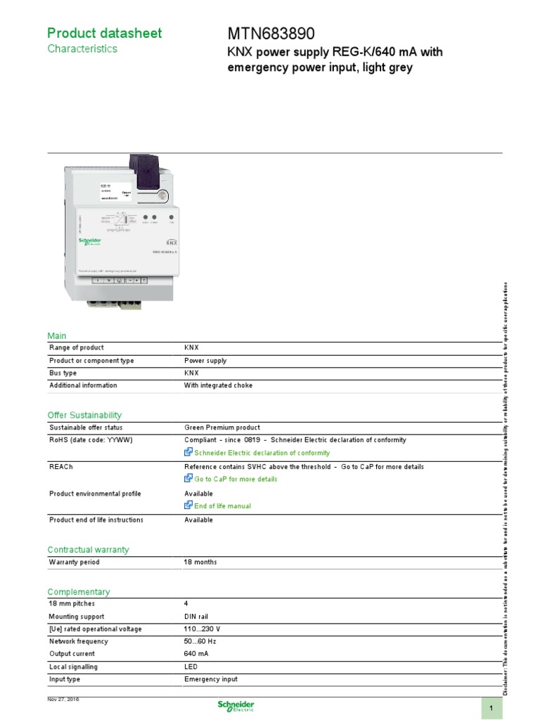 Product Datasheet KNX Power Supply REGK/640 Ma With Emergency Power