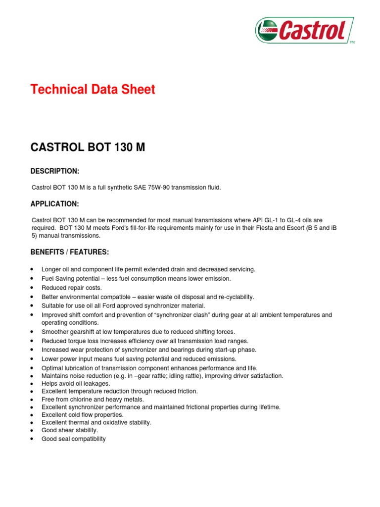 Technical Data Sheet: Castrol Bot 130 M | PDF | Manual Transmission ...