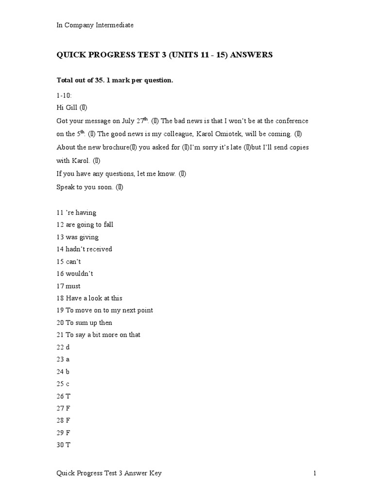 Quick Progress Test 3 Answer Key | PDF | Teaching Methods & Materials