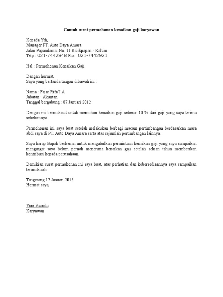 Contoh Surat Permohonan Kenaikan Gaji Karyawan Pdf