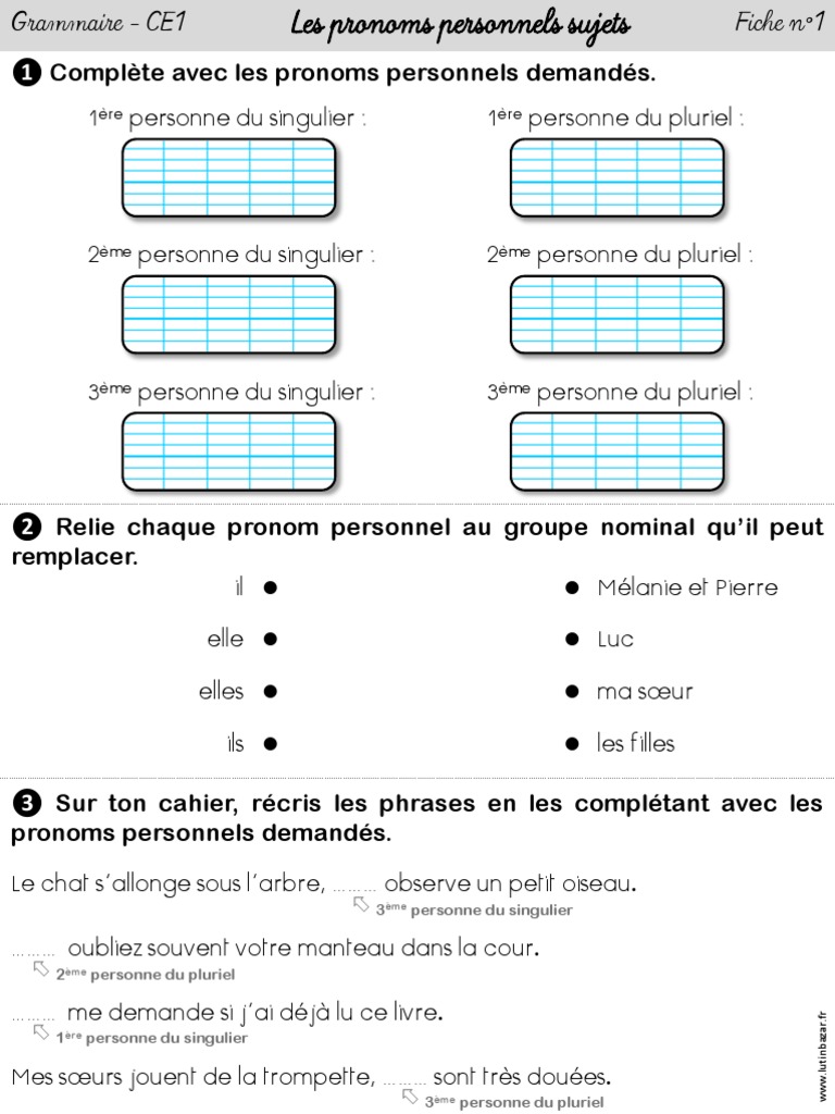 Exercices sur les pronoms personnels CE1 | PDF