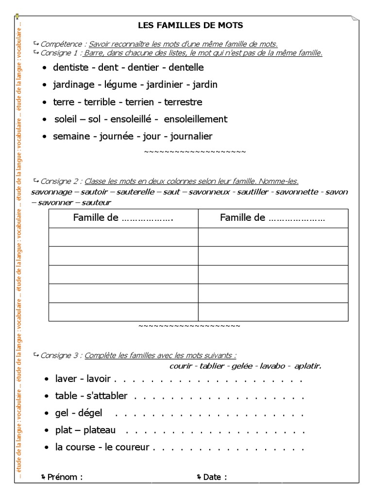 Exercices sur les familles de mots | PDF