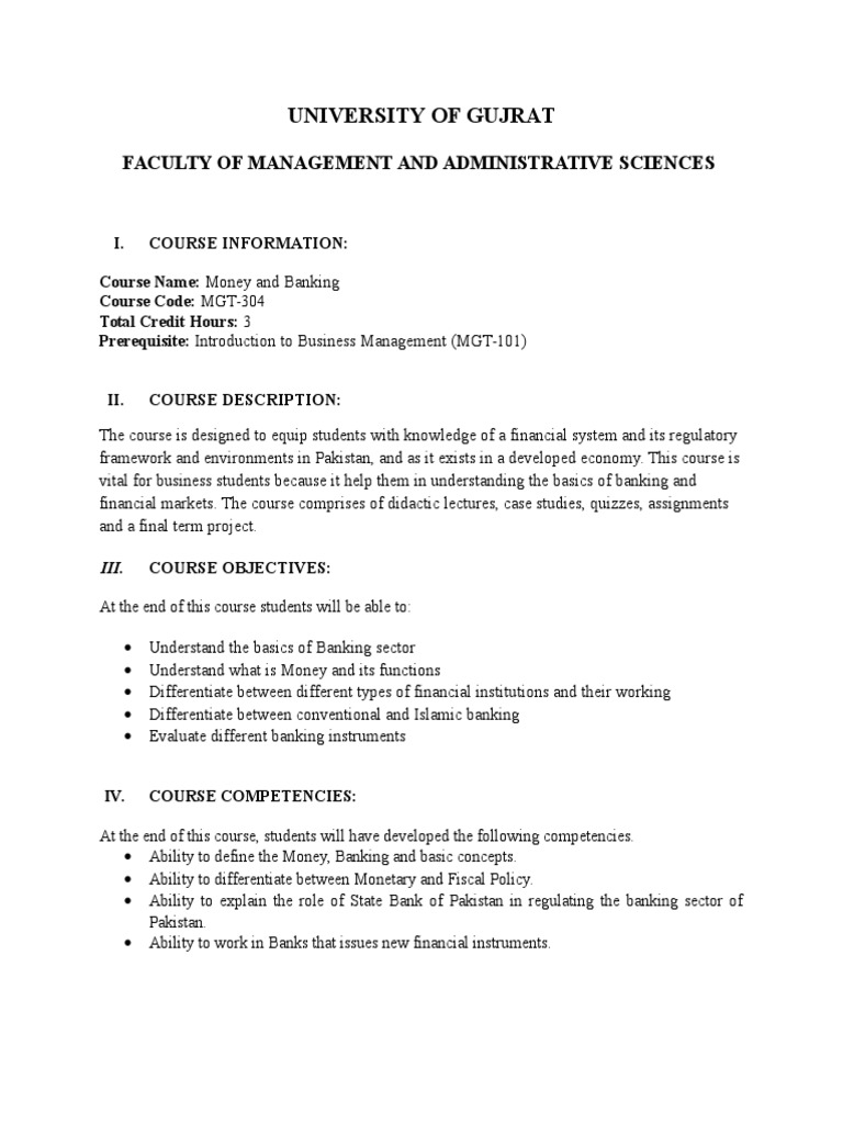 Money and Banking Course Syllabus Understanding Financial Systems and