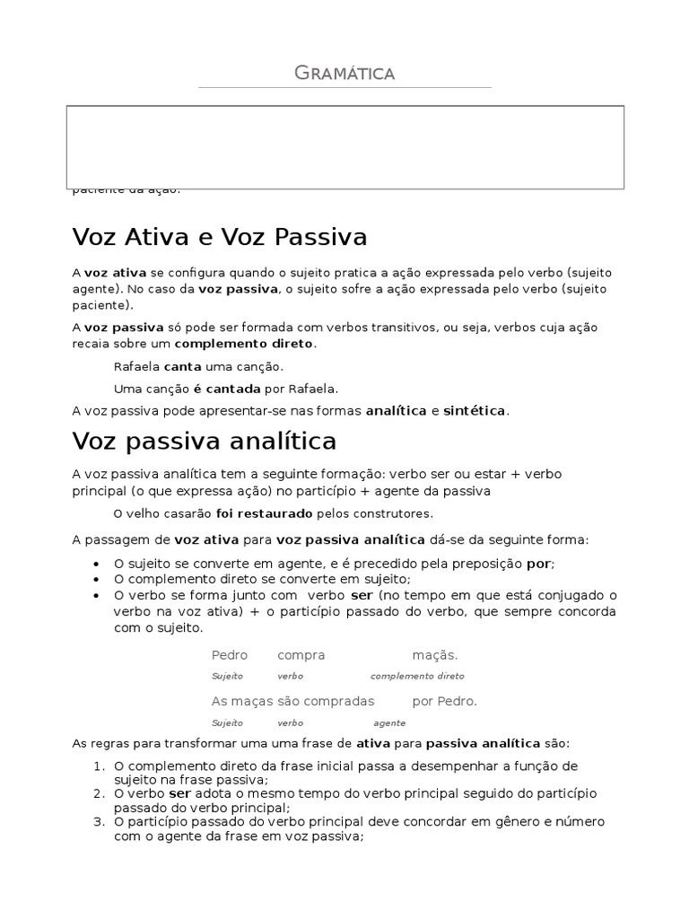 Aula de Português - Voz Ativa, Passiva, Reflexiva | PDF | Assunto ...