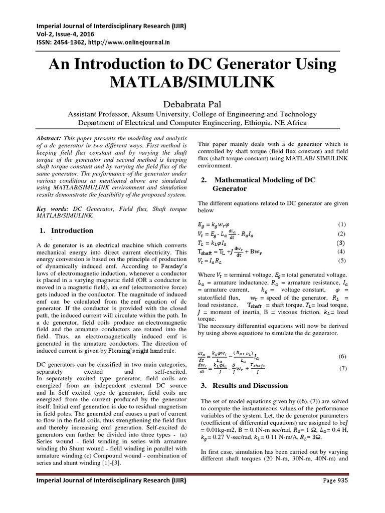An Introduction To DC Generator Using Matlab/Simulink: Debabrata Pal ...