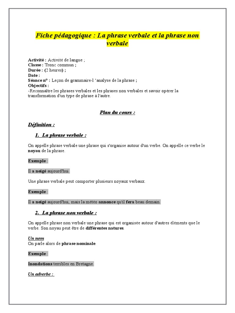 Evaluation Phrase Verbale Et Non Verbale 6eme Fiche Pédagogique-La Phrase Verbale Et La Phrase Non Verbale | PDF