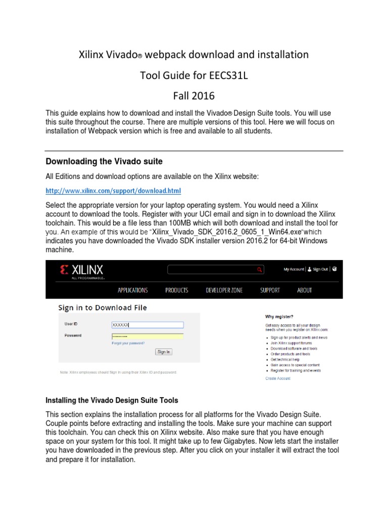Xilinx vivado webpack download and installation tool guide for eecs31l