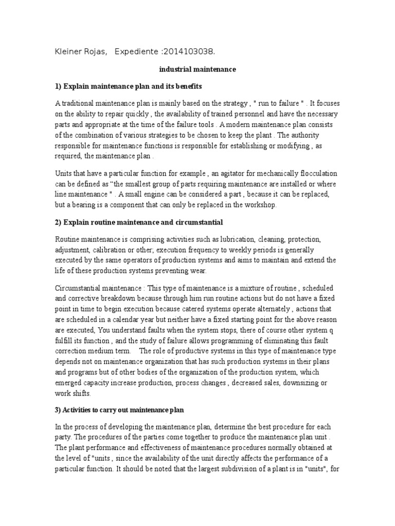 Industrial Maintenance 1) Explain Maintenance Plan and Its Benefits PDF