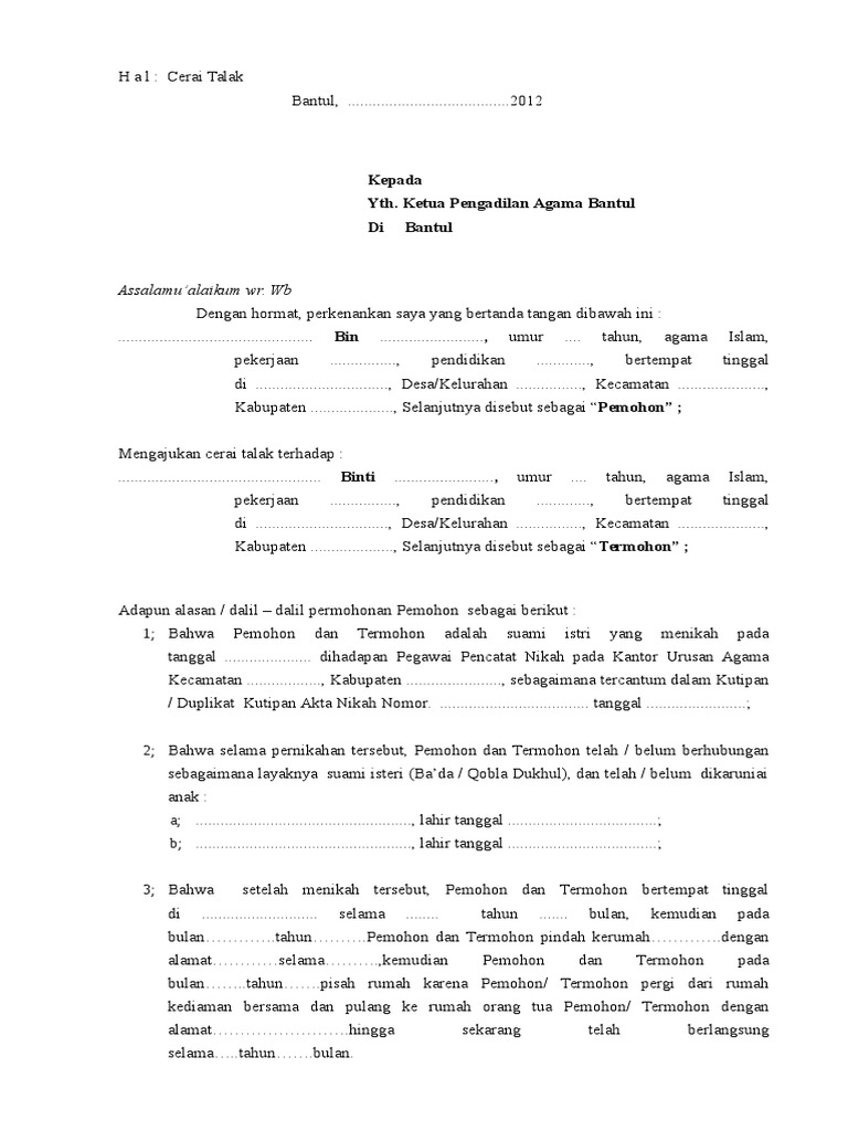 Formulir Permohonan Cerai Talak | PDF | Hukum