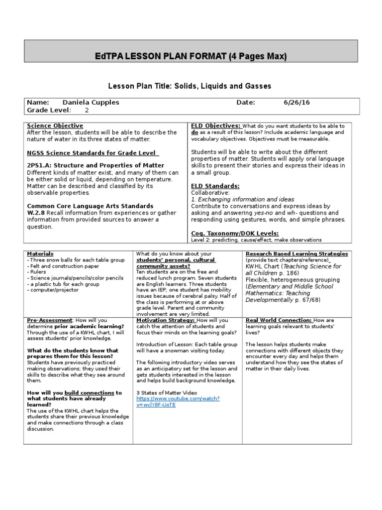 Edtpa Lesson Plan Format (4 Pages Max) PDF