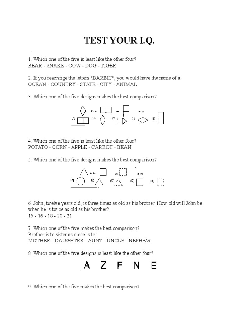 Sample IQ Test Questions | PDF | Brass | Food And Drink