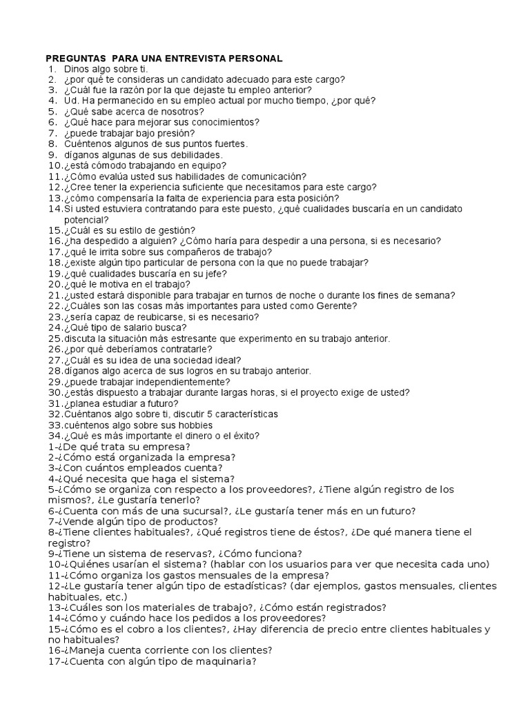 Preguntas Para Una Entrevista Laboral Negocios Psicología