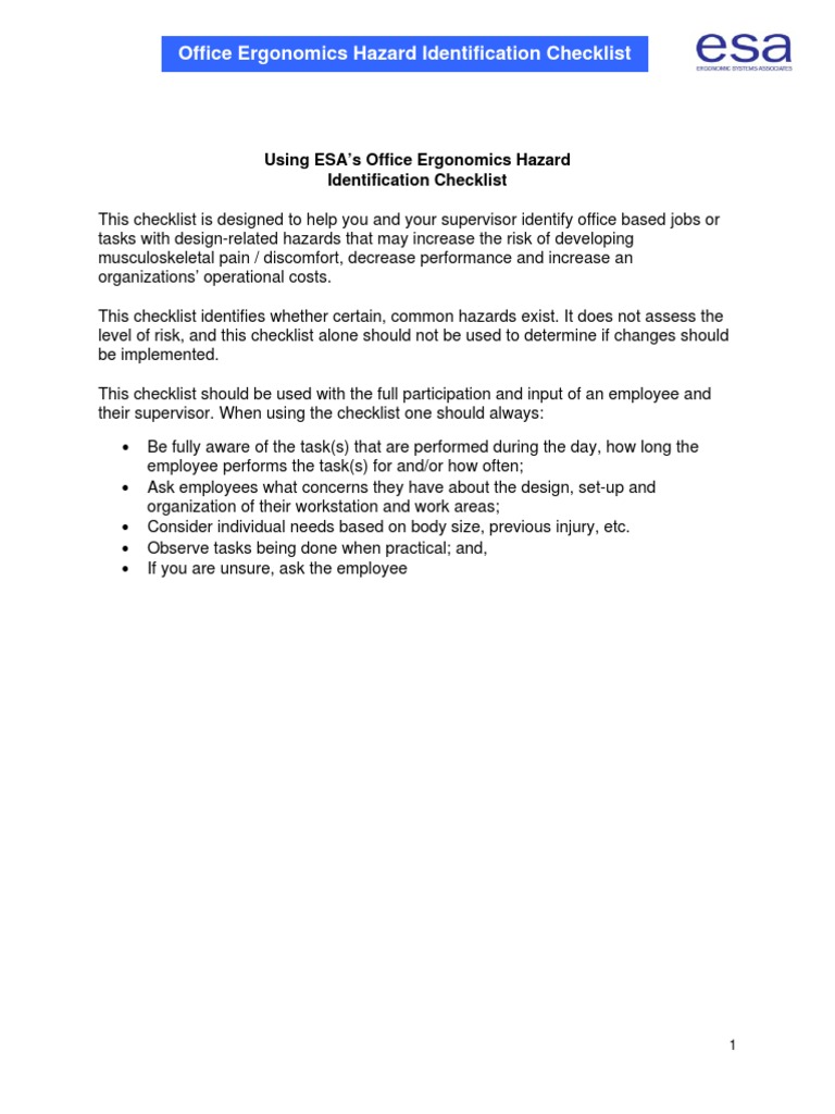 Office Ergonomics Hazard Checklist | PDF | Chair | Computer Keyboard