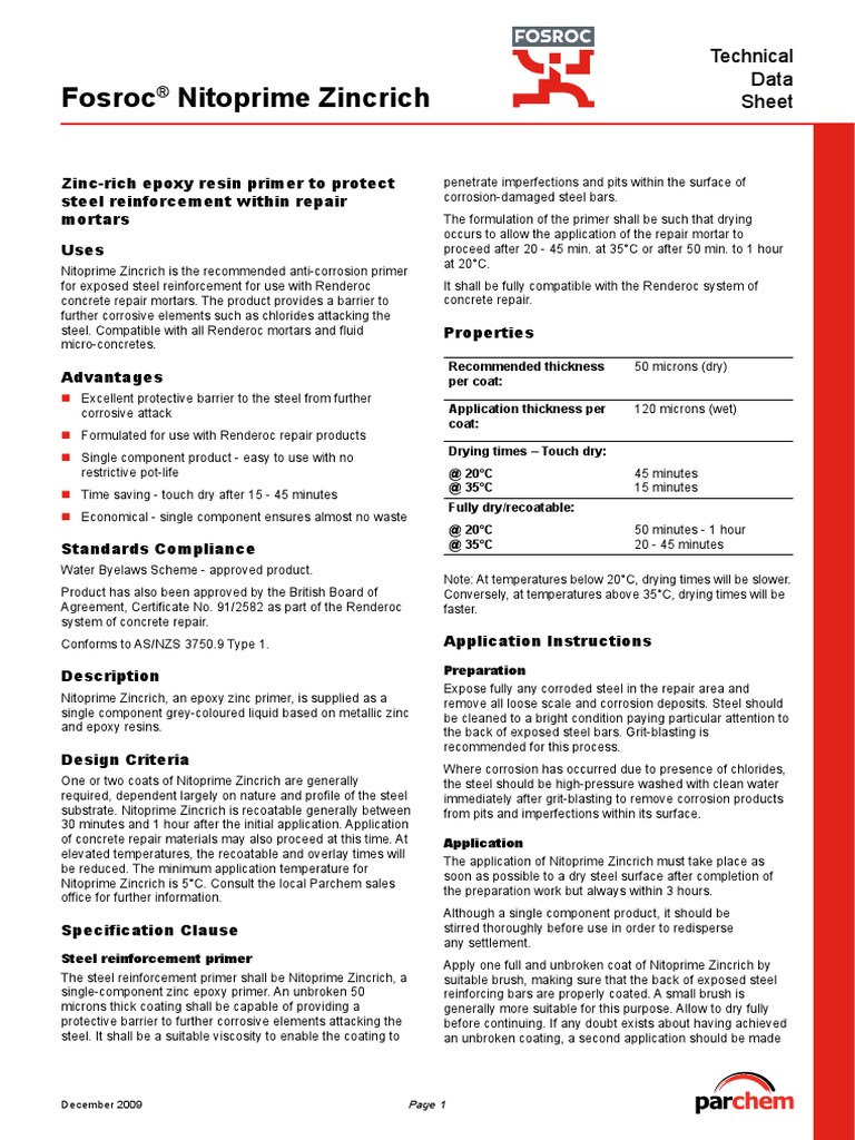 Nitoprime Zincrich TDS Reinforcement Primer Corrosion Epoxy