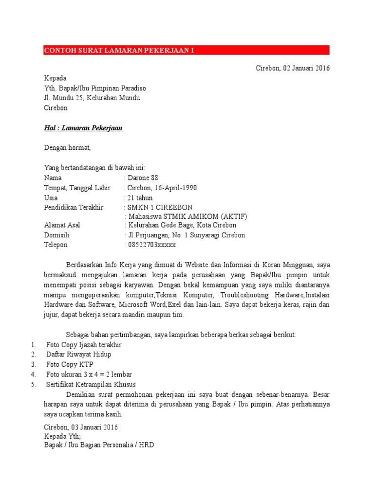 Contoh Surat Lamaran Pekerjaan I