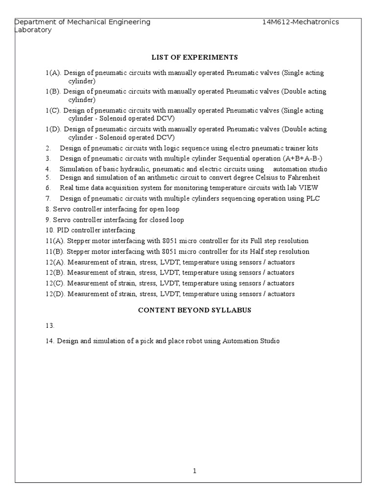 Mechatronics Lab Manual PDF Pneumatics Valve
