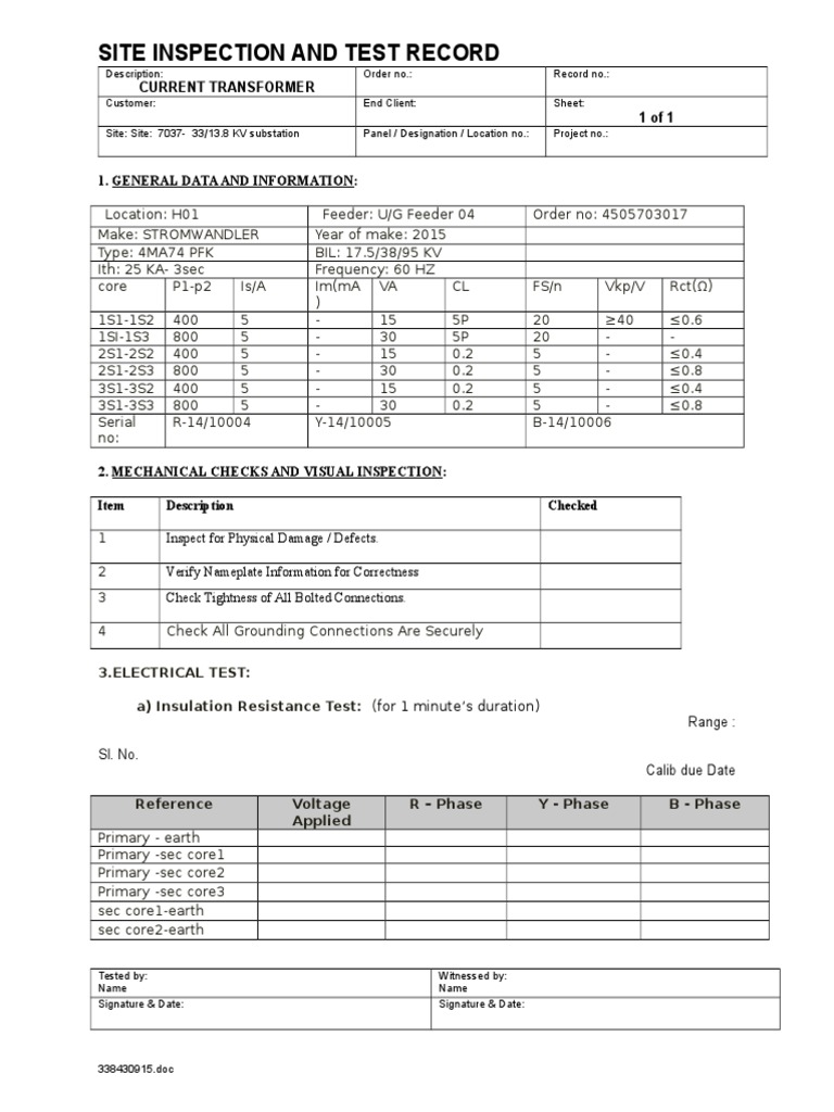 Site Inspection and Test Record: Current Transformer 1 of 1 | PDF ...