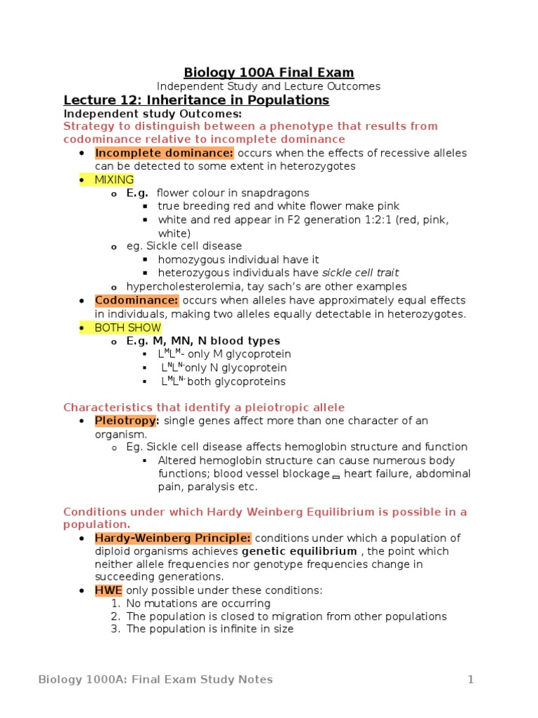 Biology 100A Final Exam Study Guide | PDF | Natural Selection | Sex