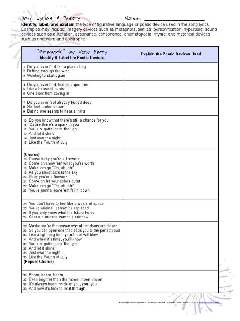 Using Katy Perry S Firework To Identify Figurative Language Poetry