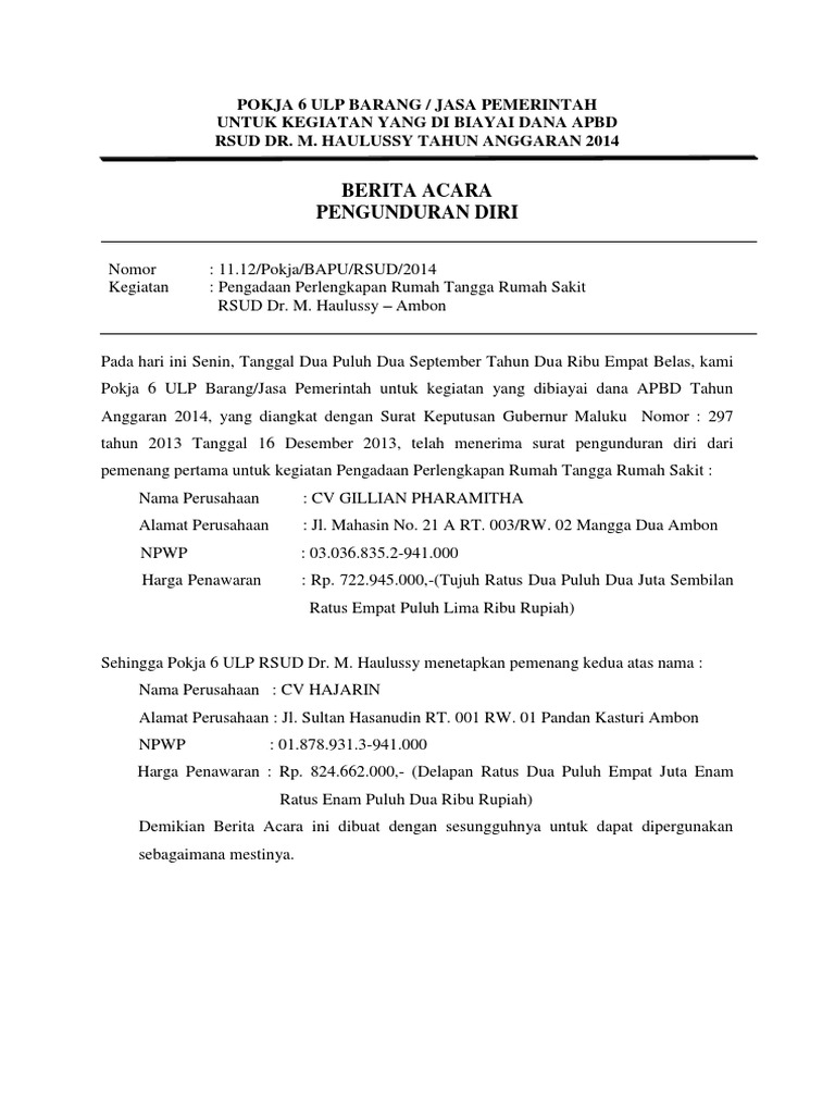 Berita Acara Pengunduran Diri