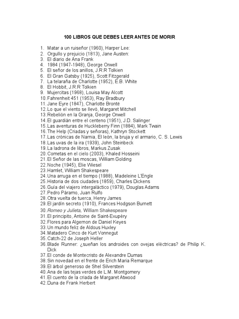 100 Libros Que Debes Leer Antes de Morir | PDF | Escritores | Novelas