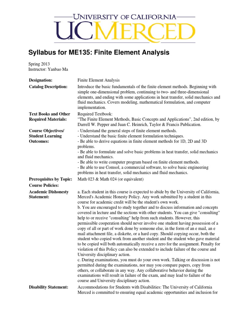 ME135: Finite Element Analysis Syllabus | PDF | Finite Element Method ...