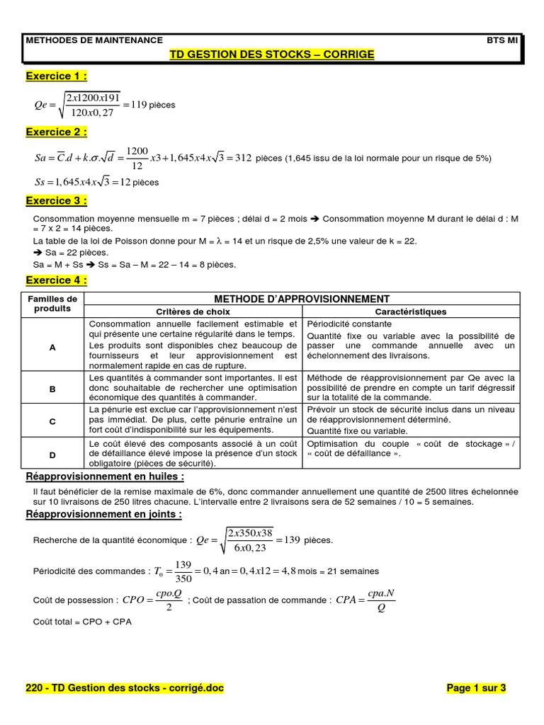 Exercices Gestion Des Stocks Avec Corrigés Détaillés Pdf