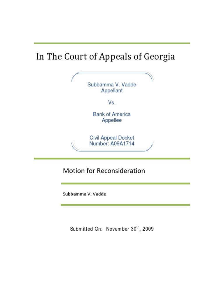 Vadde v. Bank of America Court of Appeals Motion For Reconsideration 113009 Download