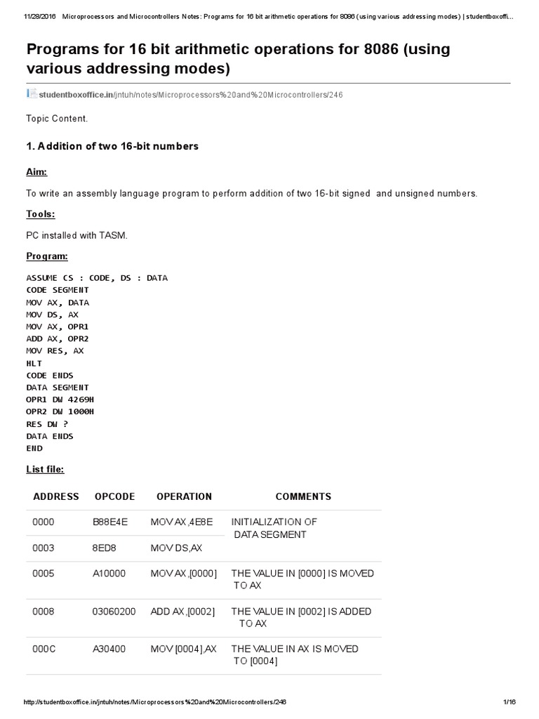 Microprocessors and Microcontrollers Notes - Programs For 16 Bit ...