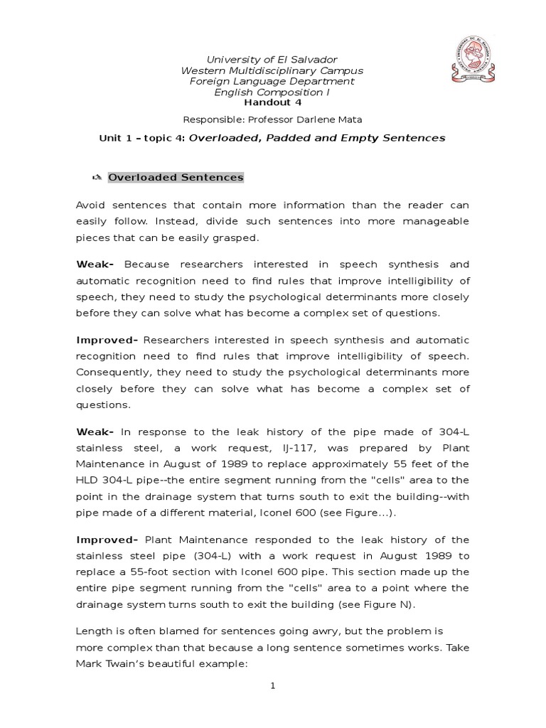 TOPIC 4 - Overloaded Sentences Padded and Empty Sentences Handout | PDF |  Sentence (Linguistics) | Stored Value Card