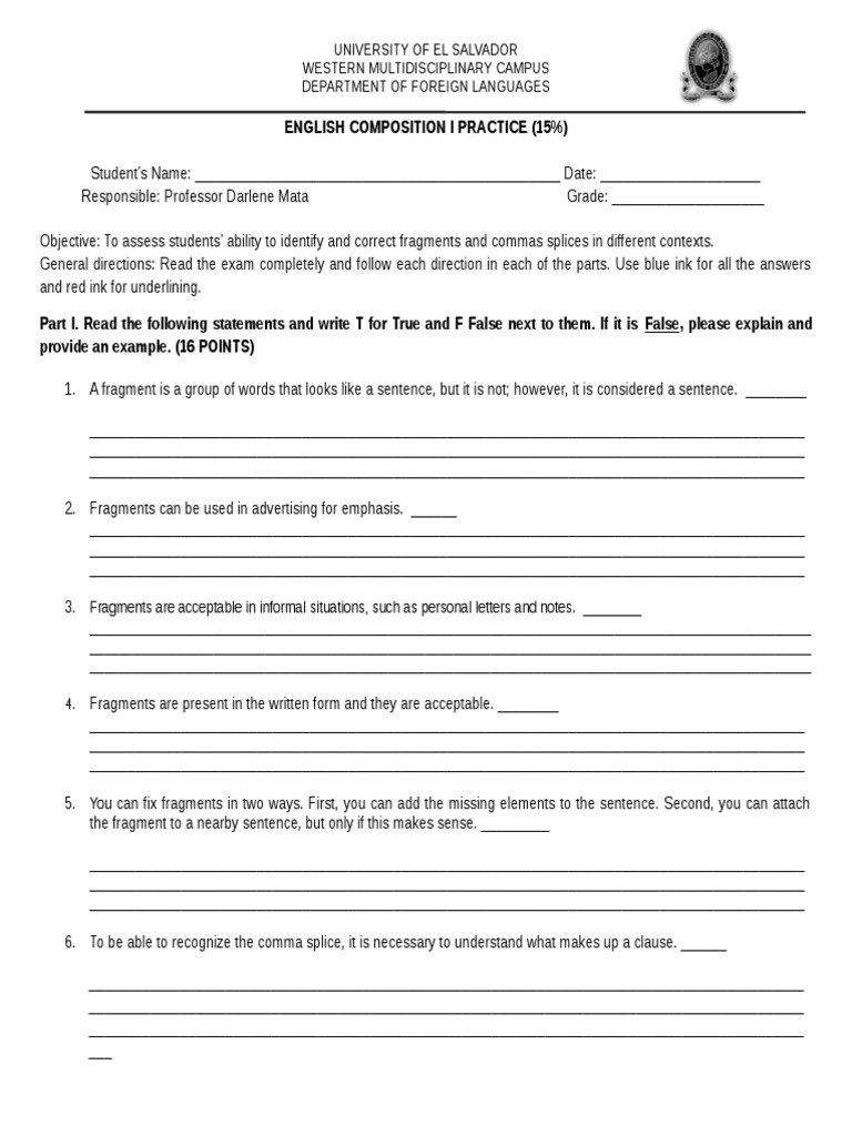 English Composition I Practice Exam | PDF | Sentence (Linguistics) | Comma
