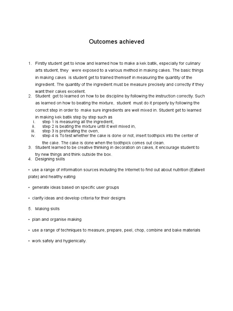 Cake Making Skills and Outcomes | PDF