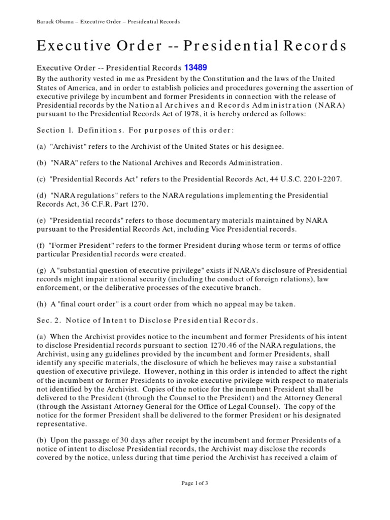 Barack Obama Executive Order 13489 PDF Presidents Of The United