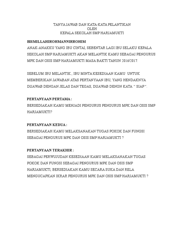 Kata-Kata Pelantikan Osis | PDF