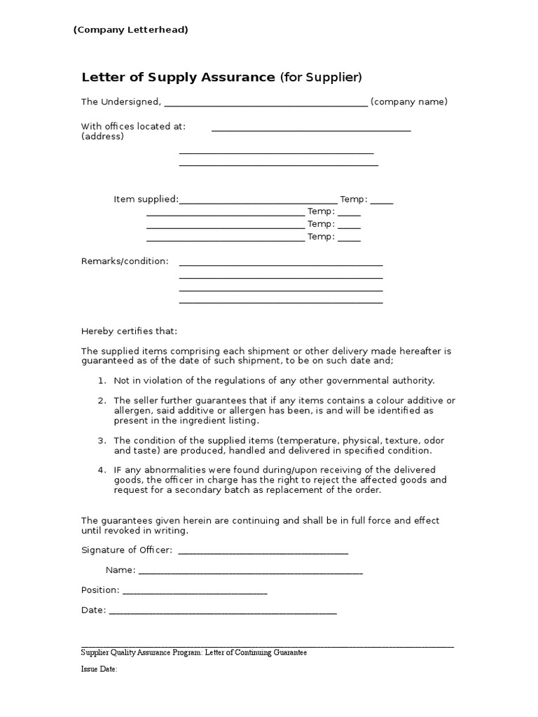 Supplier Assurance Letter Template | PDF