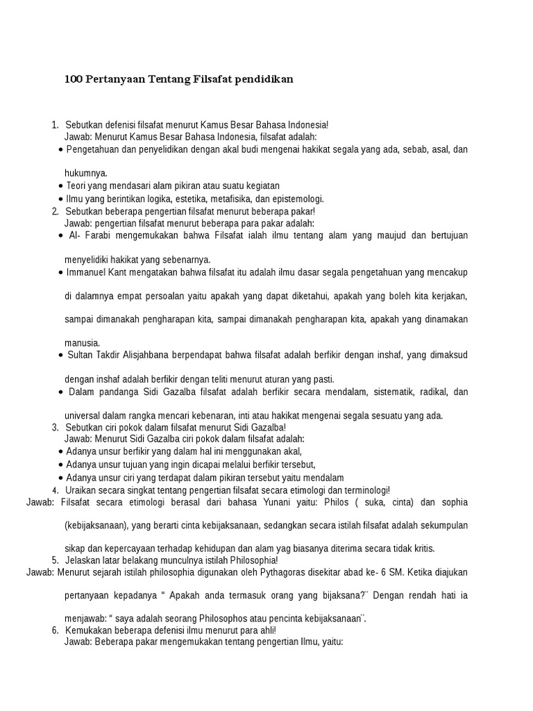 100 Pertanyaan Tentang Filsafat Pendidikan