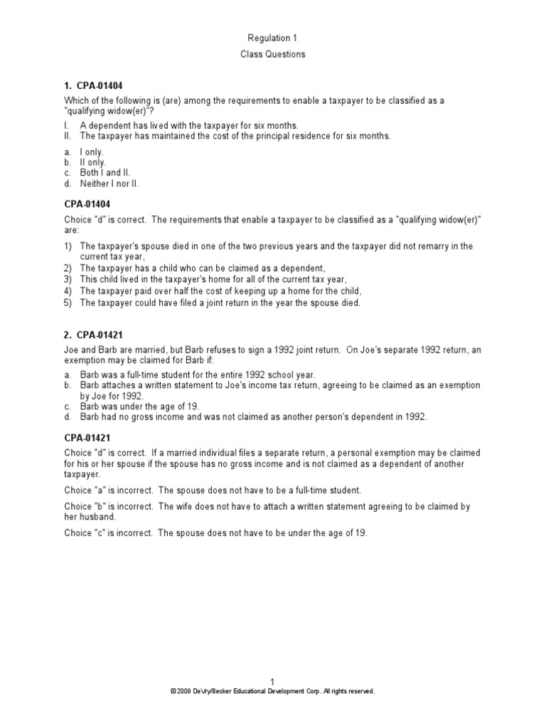 2009 R-1 Class Questions Preview | PDF | Income Tax In The United ...