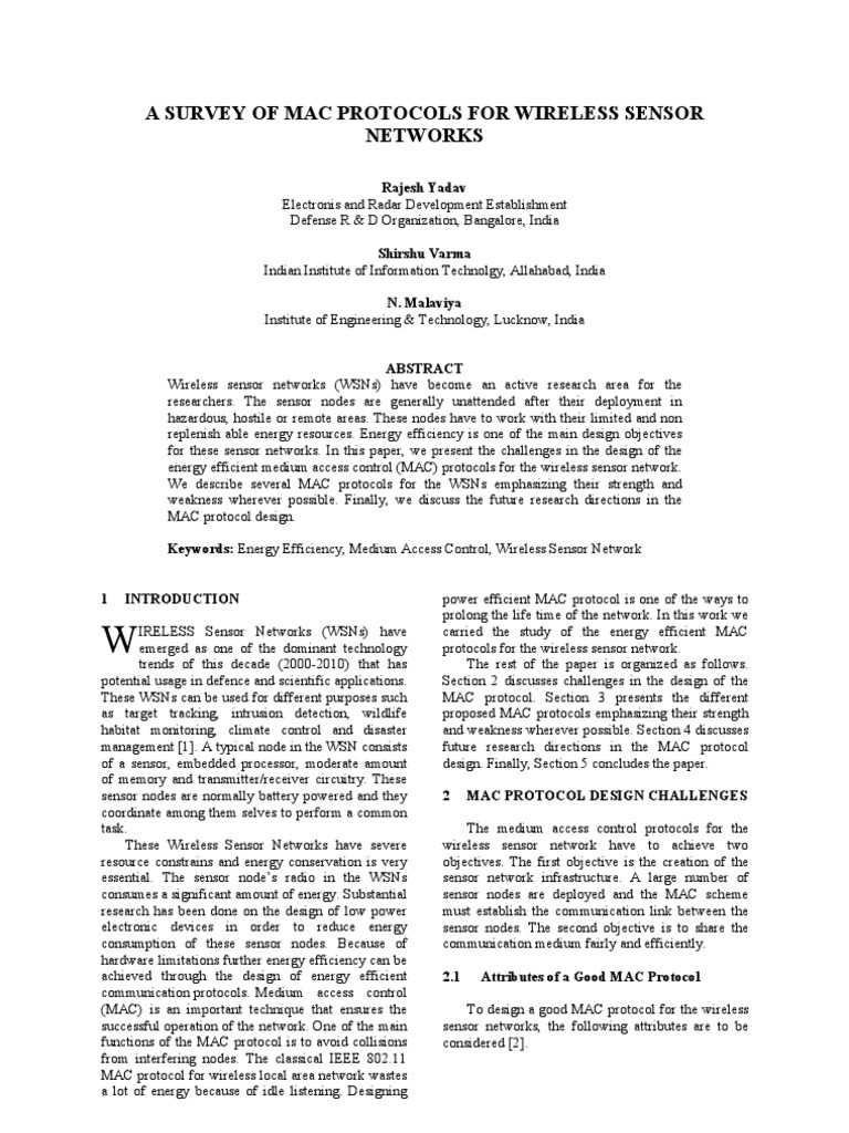 A Survey of Mac Protocols For Wireless Sensor Networks: Rajesh Yadav ...