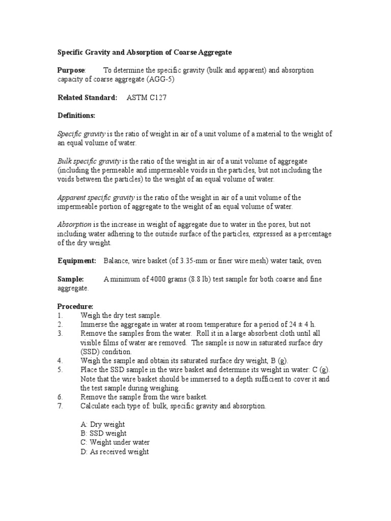 Specific Gravity and Absorption of Coarse Aggregate | PDF