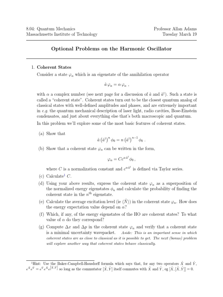 Optional Problems On The Harmonic Oscillator PDF Quantum Mechanics